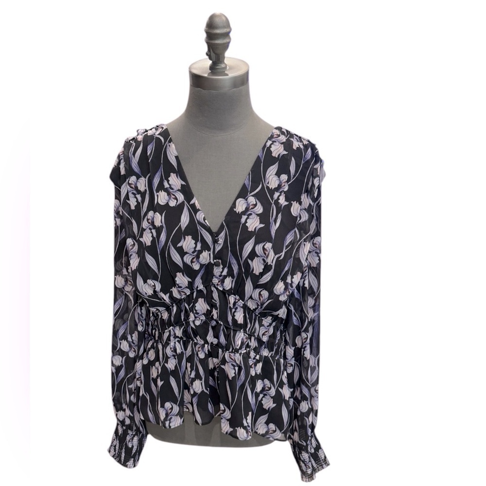 White House Black Market Black Purple Iris Button Front Smocked Blouse XL